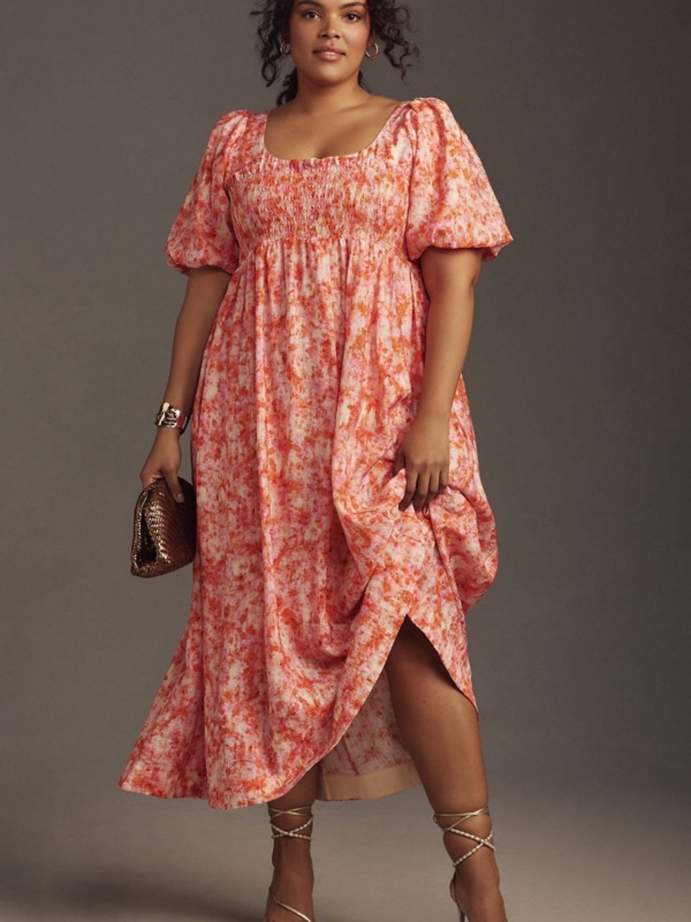 Anthropologie Women Sz XL Smocked Babydoll Printed Midi Dress Orange Cottagecore - Picture 4 of 11